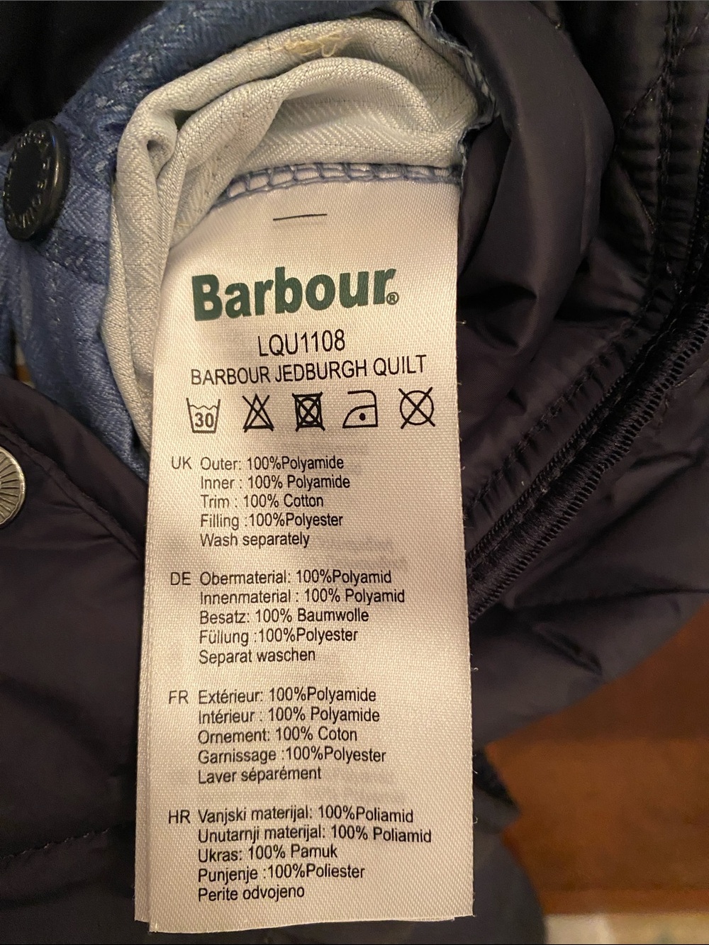Barbour Quilted Navy Coat with Corduroy Collar • Size 10 - Picture 8 of 16